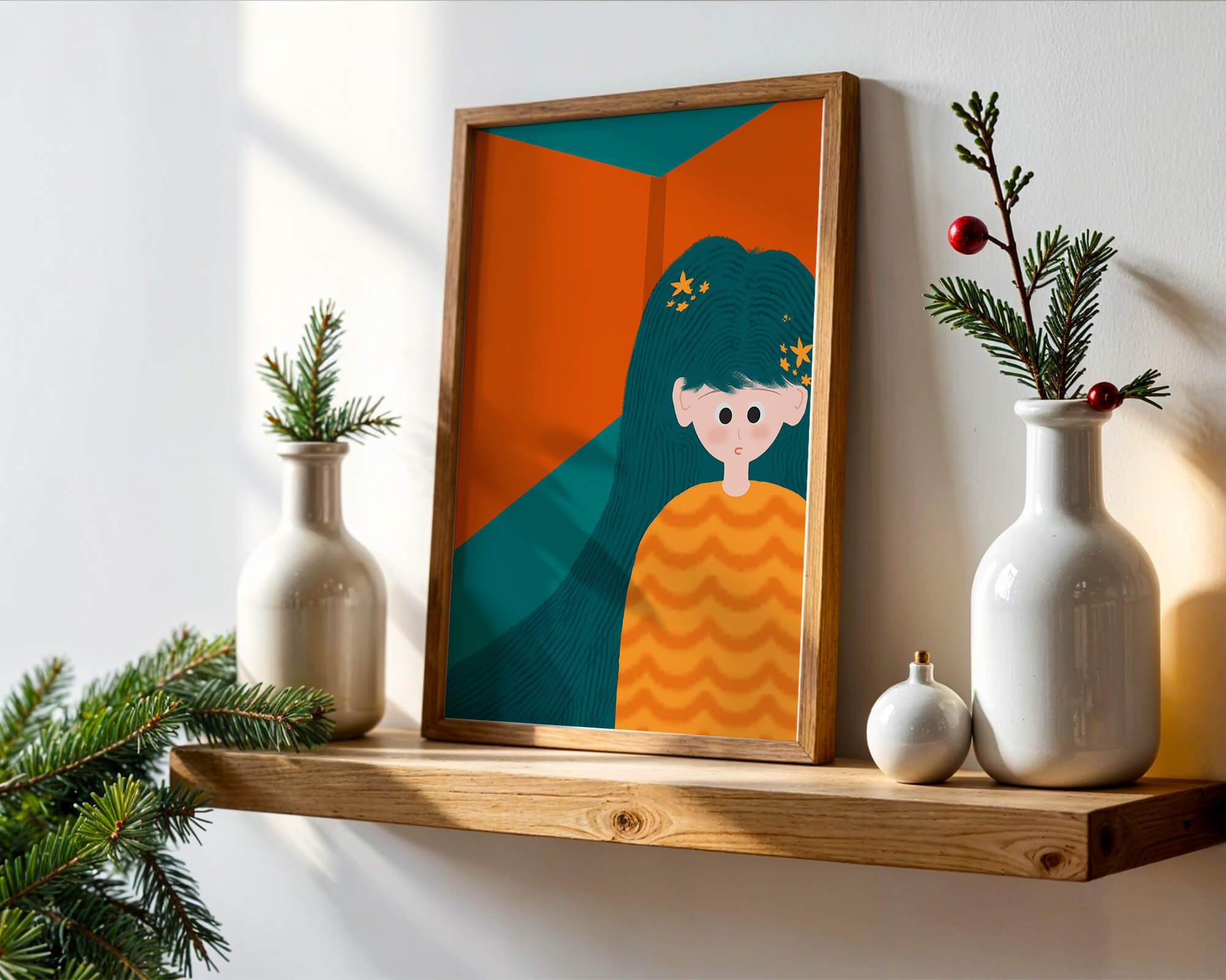 Colorful abstract illustration of a character with teal hair and orange background