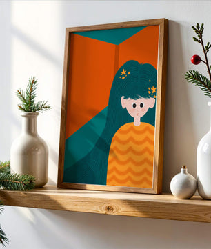 Colorful abstract illustration of a character with teal hair and orange background