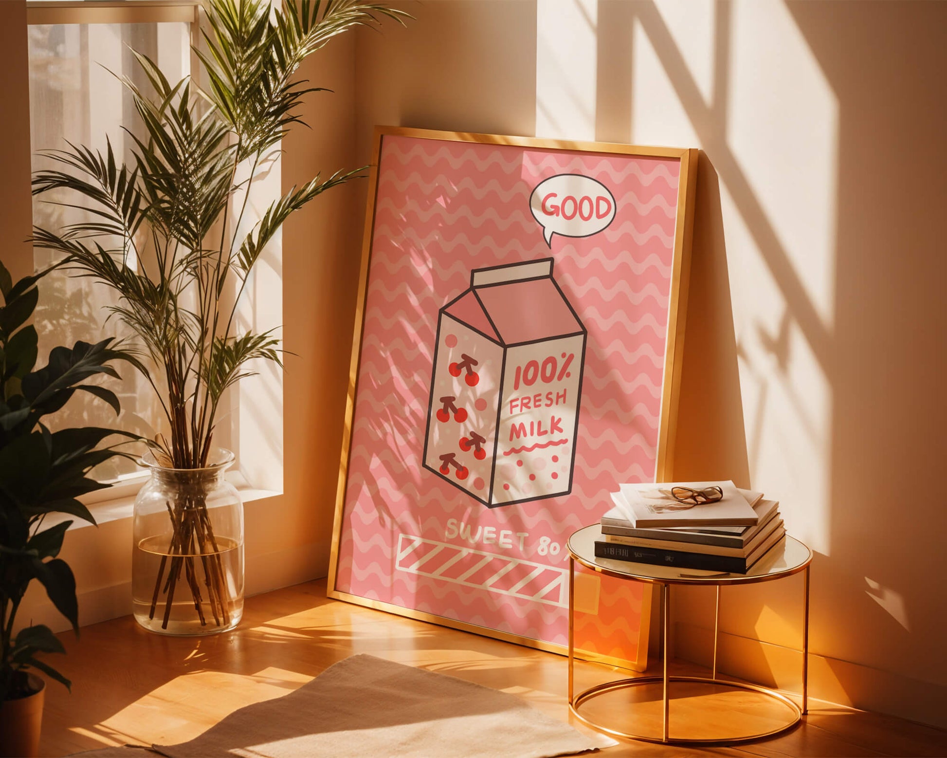 Playful illustration of milk carton with cherry design on pink background