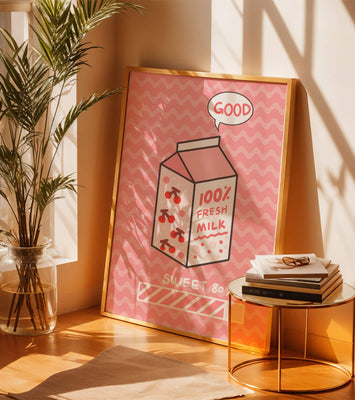 Playful illustration of milk carton with cherry design on pink background