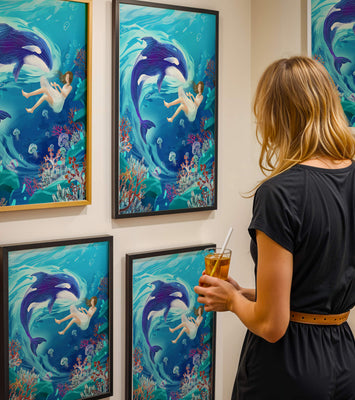 Underwater fantasy scene with a playful whale and a girl floating amidst coral and jellyfish