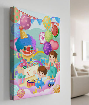 Colorful clown-themed children's party with balloons and toys
