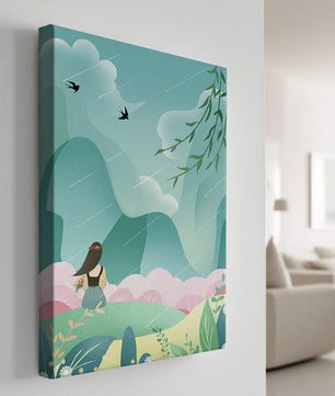 Peaceful landscape with a girl and nature elements