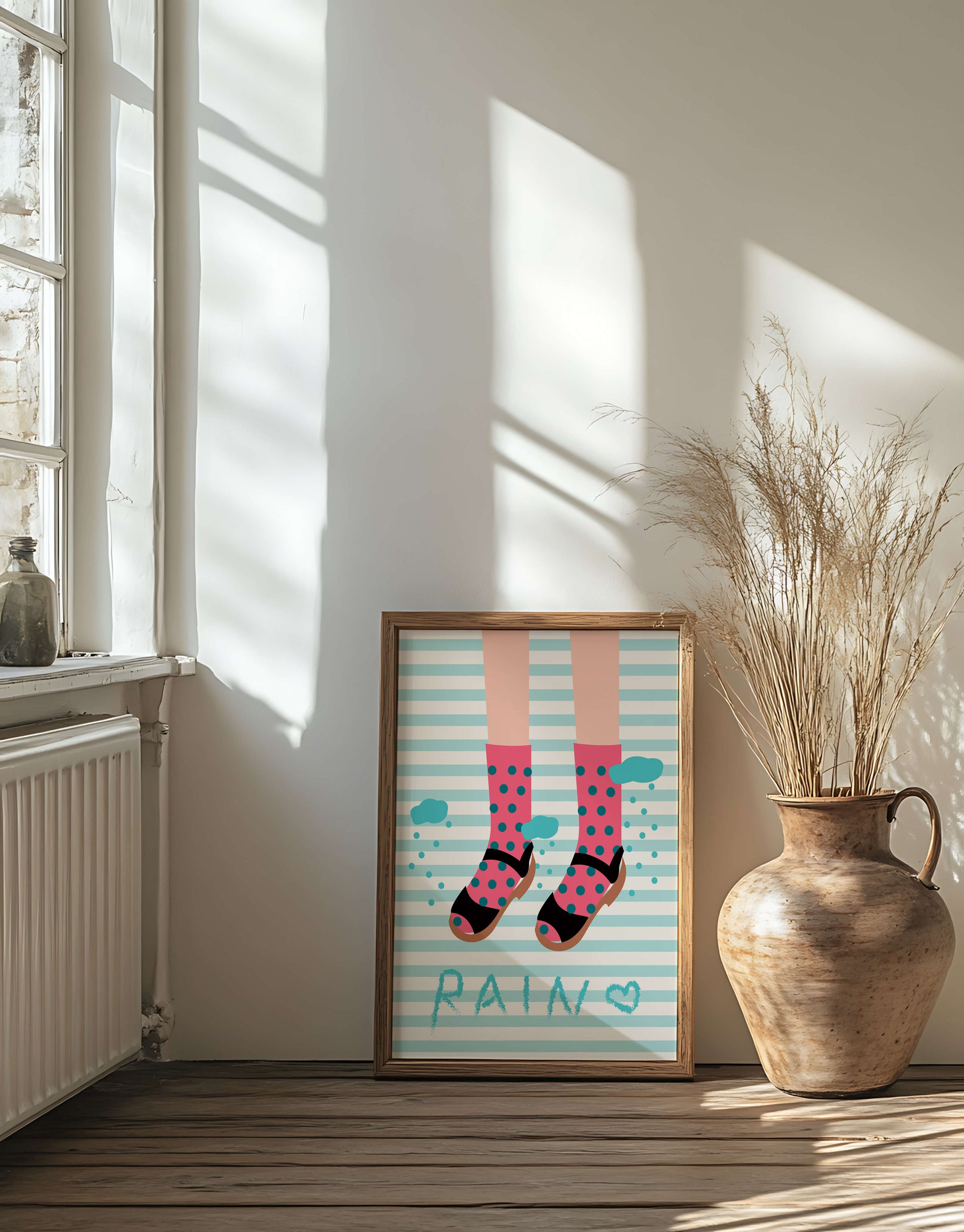 Illustration of polka dot socks and sandals on a striped background