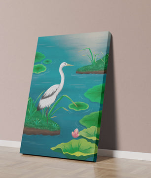 Serene wetland scene with white crane and water lilies