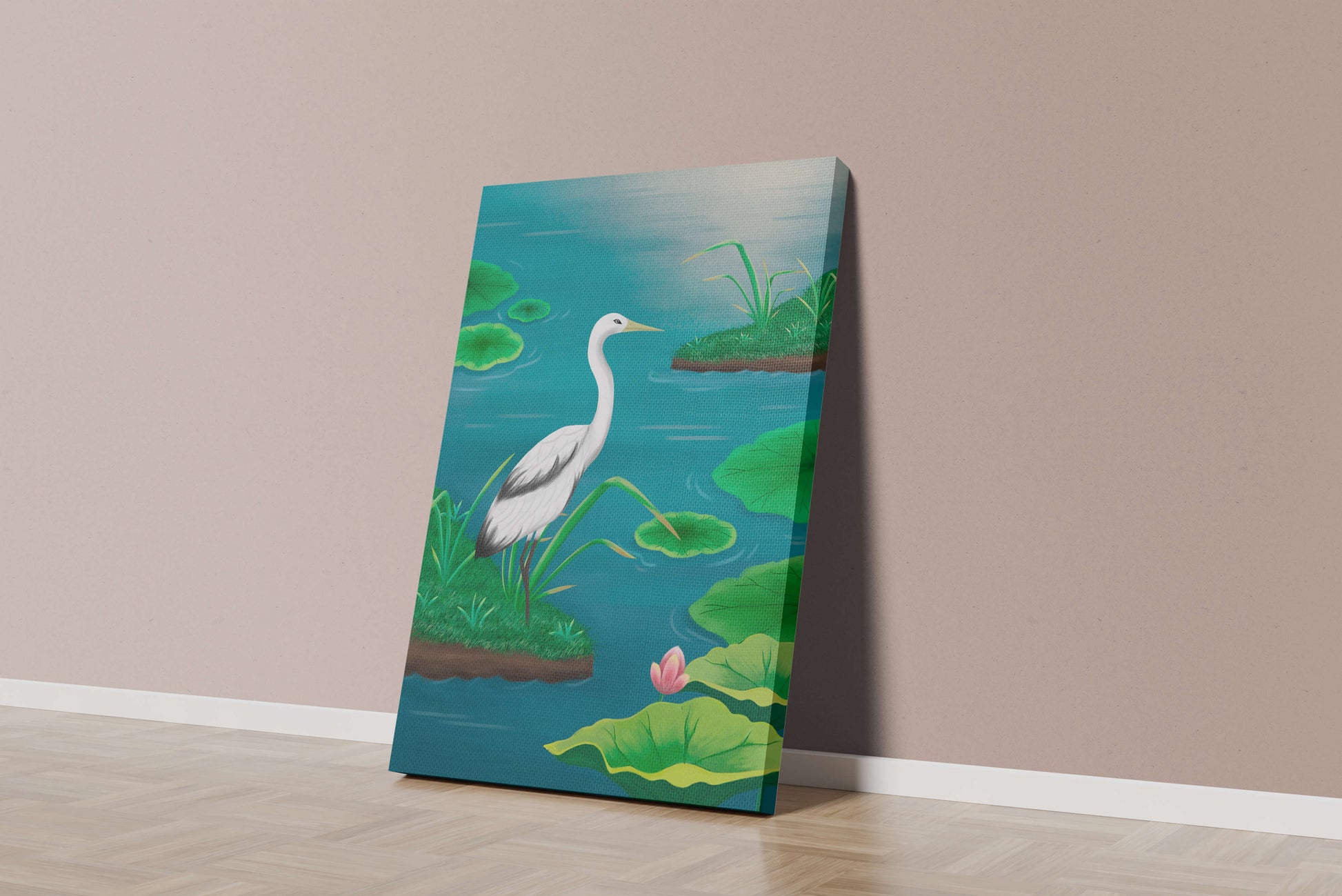 Serene wetland scene with white crane and water lilies