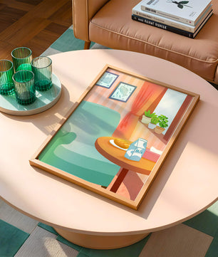 Sala de estar acogedora con mesa y cartón de leche