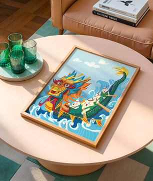 Ilustración vibrante de un dragón en un bote con remeros animados
