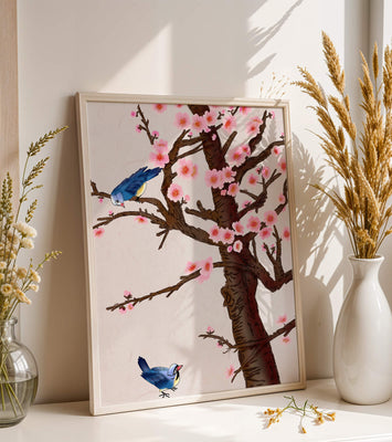 Charming illustration of cherry blossom tree with birds