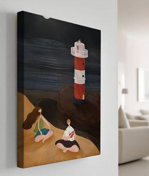 Peaceful Beach Scene with Lighthouse at Night