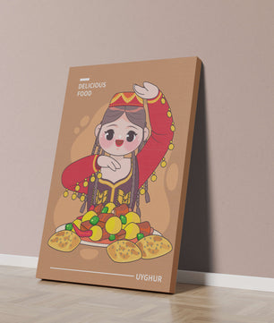 Illustration d’une figure culturelle ouïghoure portant un costume traditionnel et partageant un repas festif