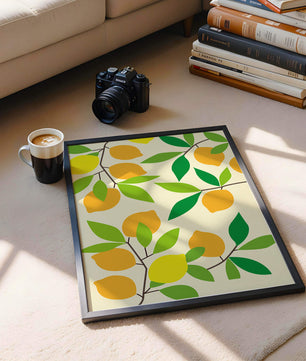 Vibrant lemon pattern with colorful leaves and citrus fruits