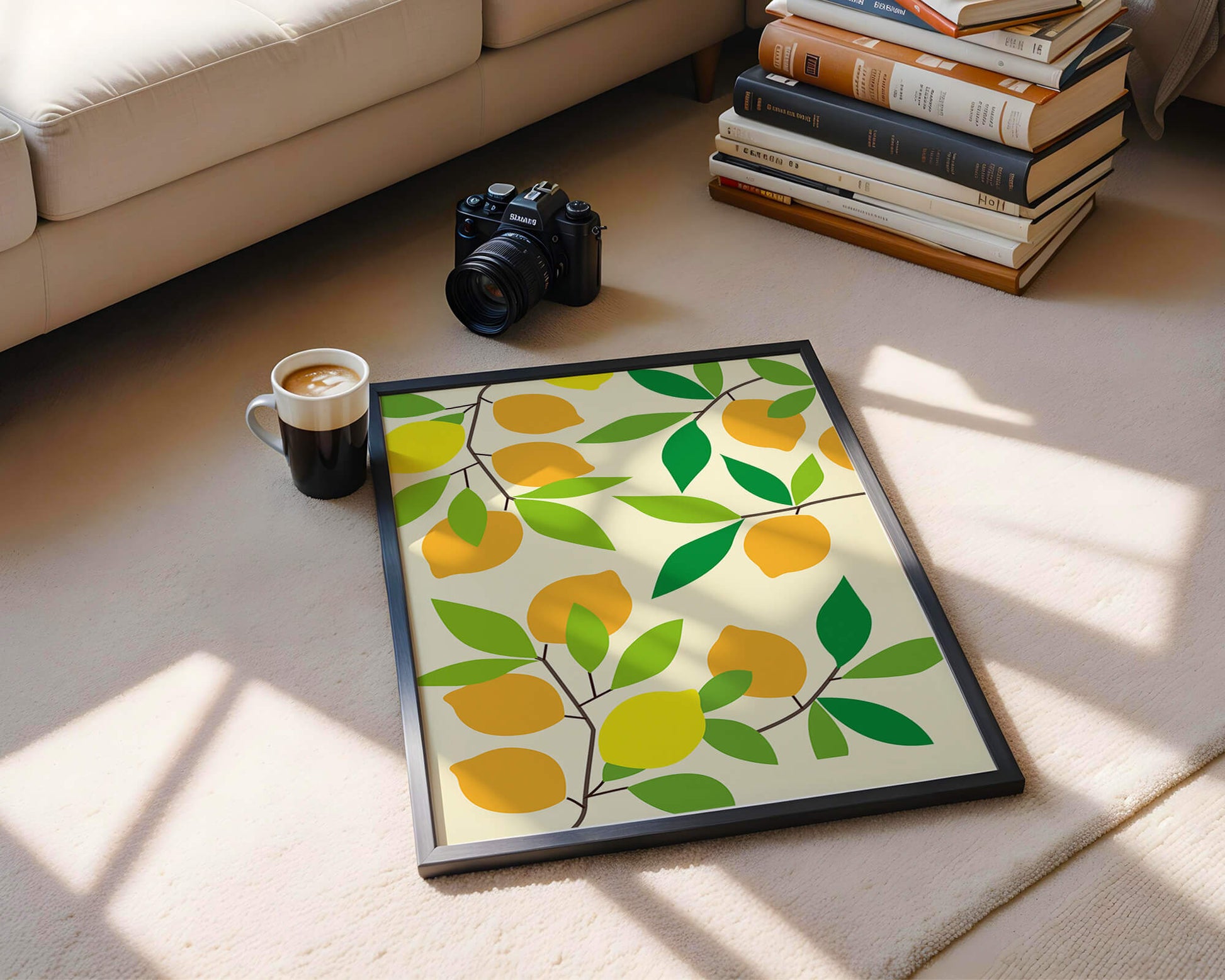 Vibrant lemon pattern with colorful leaves and citrus fruits