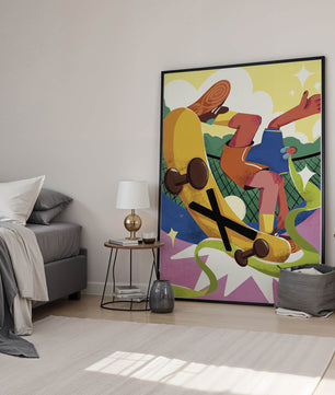 Ilustración abstracta colorida con un skater en movimiento dinámico