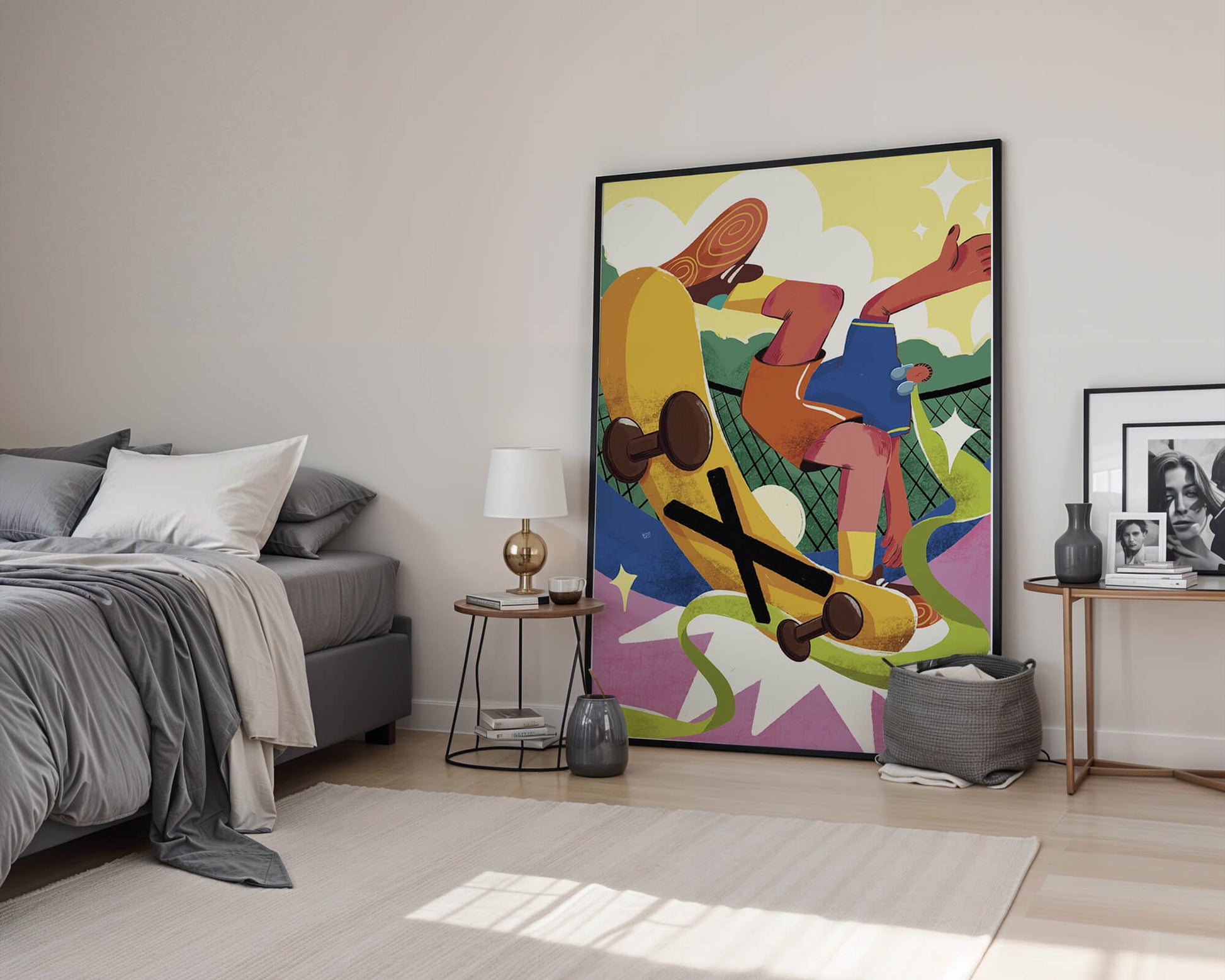 Ilustración abstracta colorida con un skater en movimiento dinámico