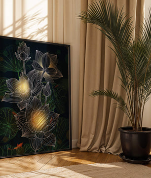Beautiful lotus flowers with glow effect and koi fish - Mi tienda