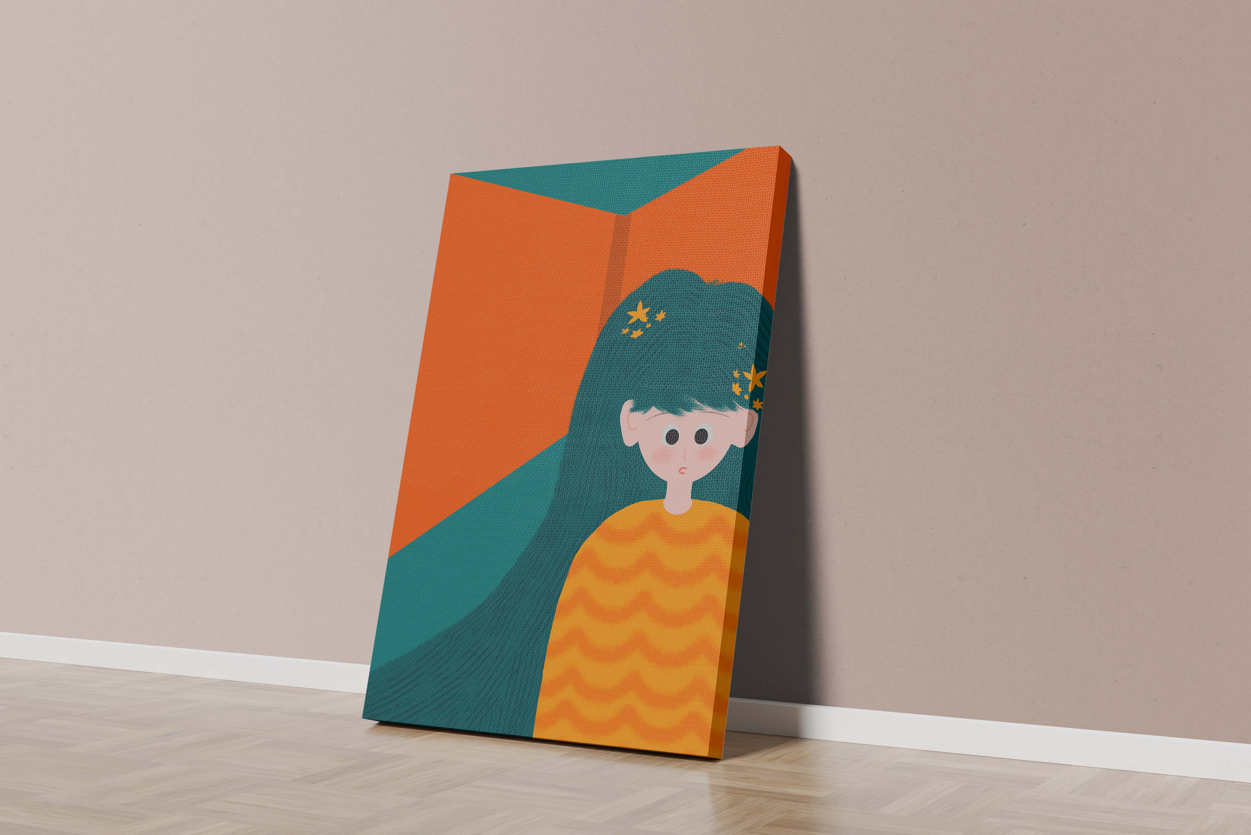 Colorful abstract illustration of a character with teal hair and orange background