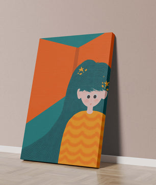 Colorful abstract illustration of a character with teal hair and orange background