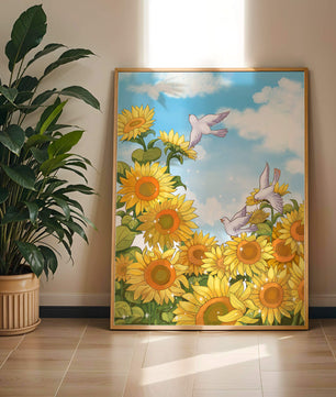 Friedliche Szene mit Sonnenblumen und Tauben unter einem strahlend blauen Himmel