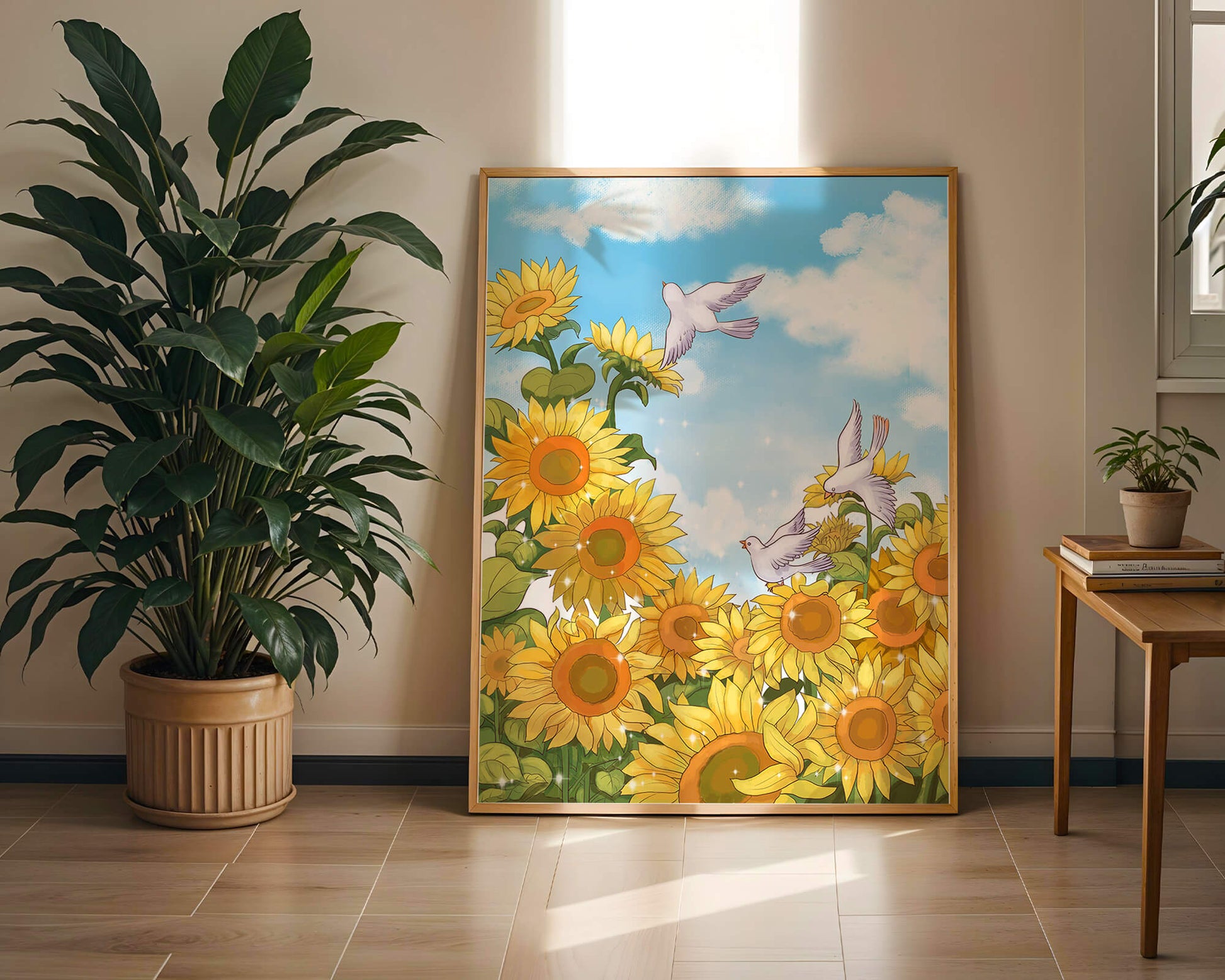 Friedliche Szene mit Sonnenblumen und Tauben unter einem strahlend blauen Himmel