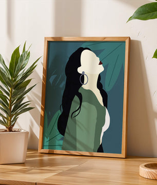 Stylized artwork of a woman with dark hair and earrings against a tropical leaf backdrop