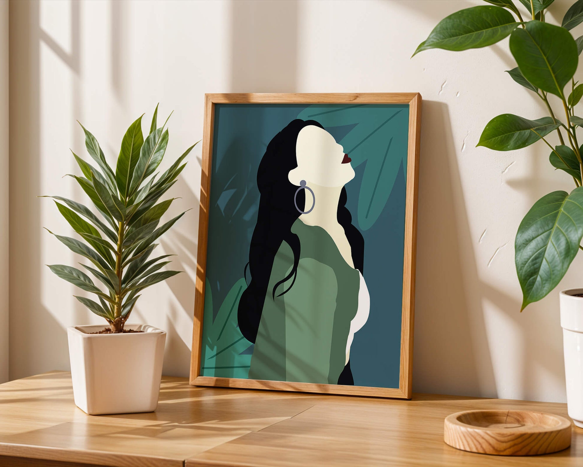 Stylized artwork of a woman with dark hair and earrings against a tropical leaf backdrop