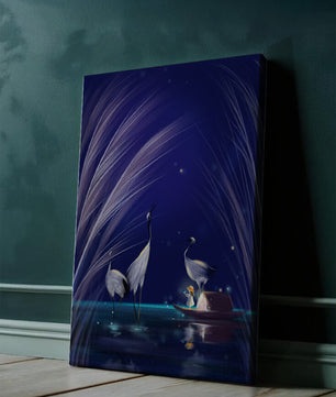 Serene night scene with graceful cranes and a magical boat ride
