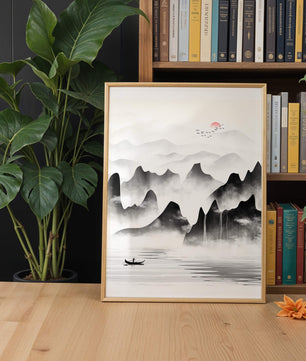 Peaceful mountain landscape with mist and rising sun