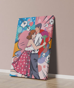 Pareja abrazándose en estilo pop art con un fondo colorido