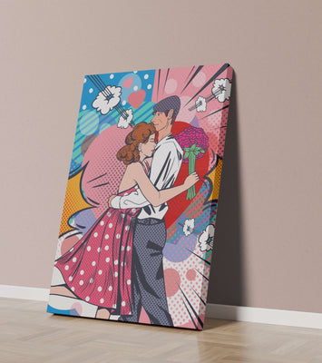 Pop Art Couple Embracing with a Colorful Background