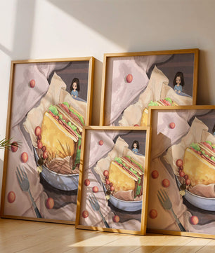 Niñas miniatura caprichosas cerca de un sándwich con tomates y tenedor