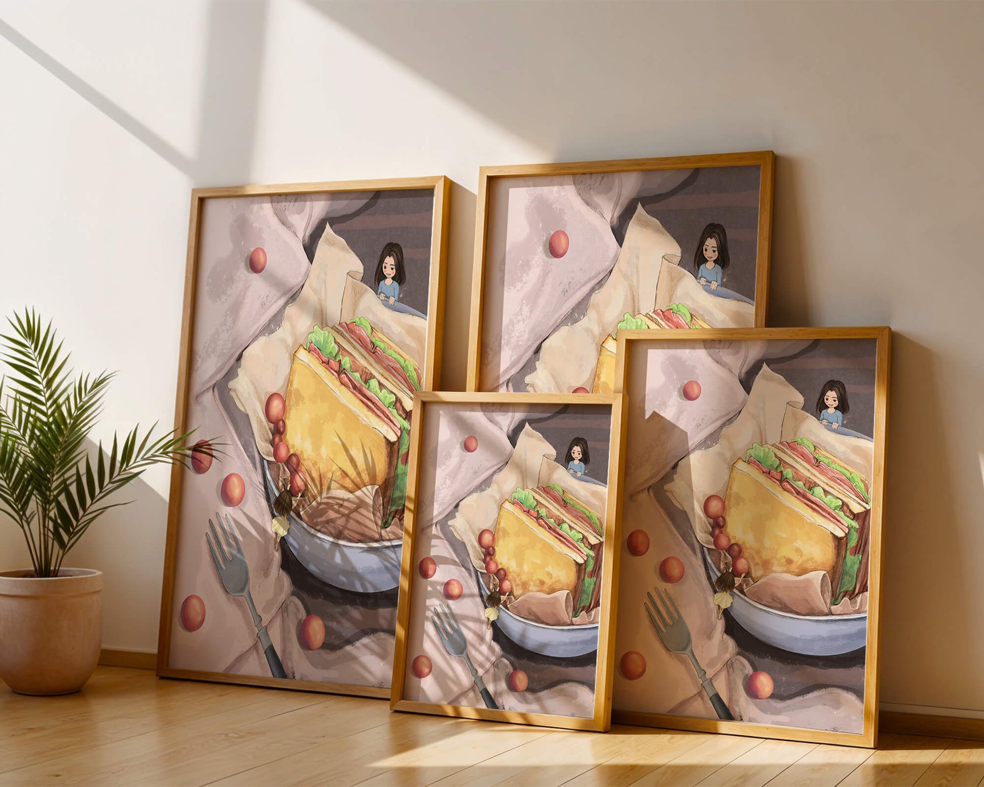 Niñas miniatura caprichosas cerca de un sándwich con tomates y tenedor