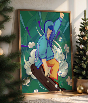 Ilustración abstracta colorida de una persona en movimiento con tonos azules y verdes