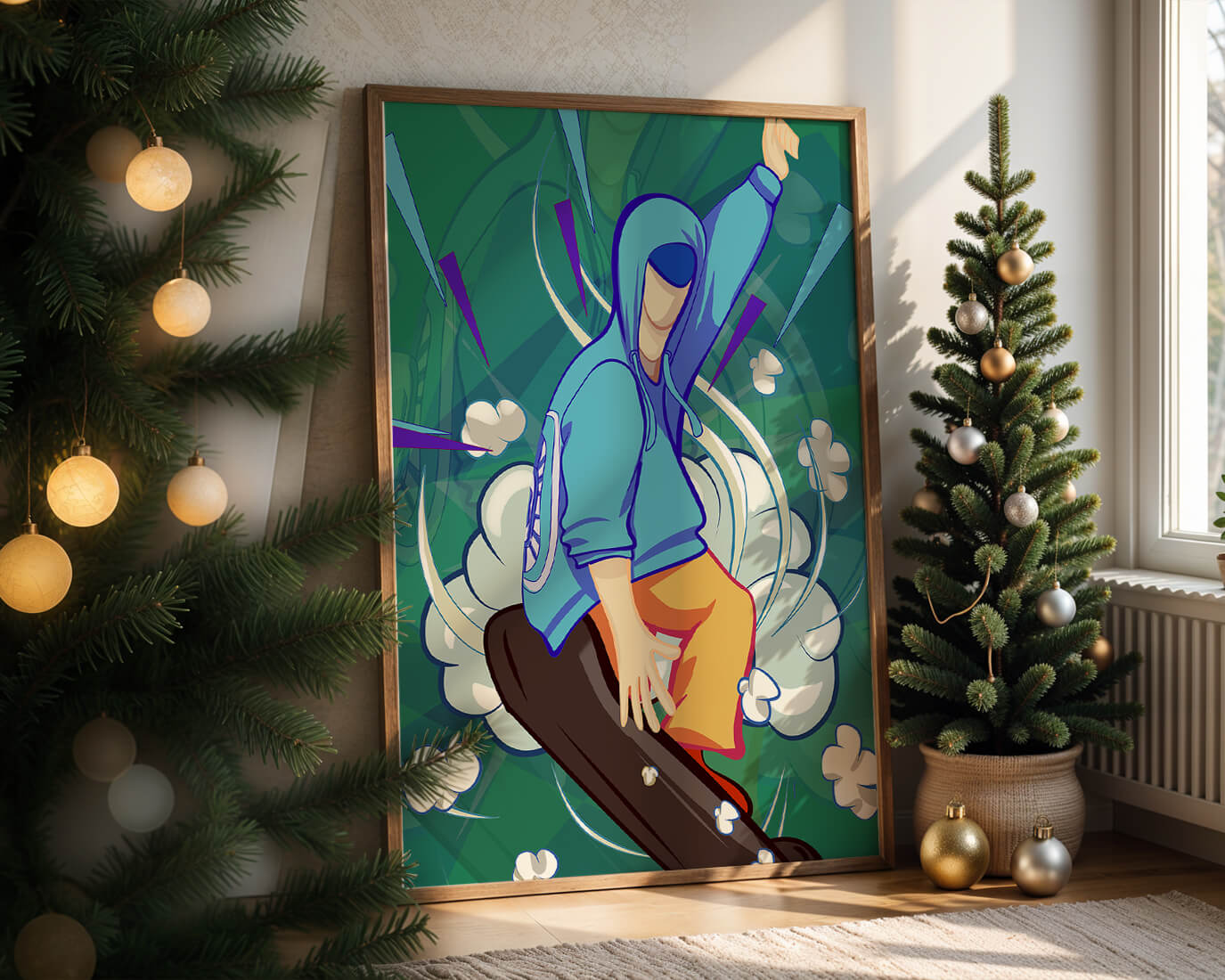 Ilustración abstracta colorida de una persona en movimiento con tonos azules y verdes