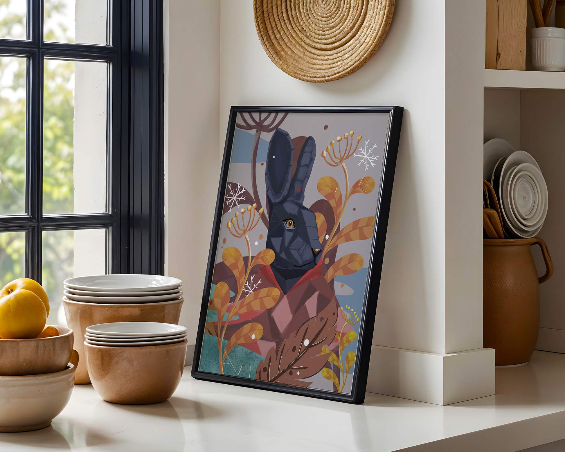Abstract geometric rabbit in a vibrant autumn floral setting