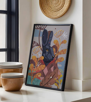 Abstract geometric rabbit in a vibrant autumn floral setting