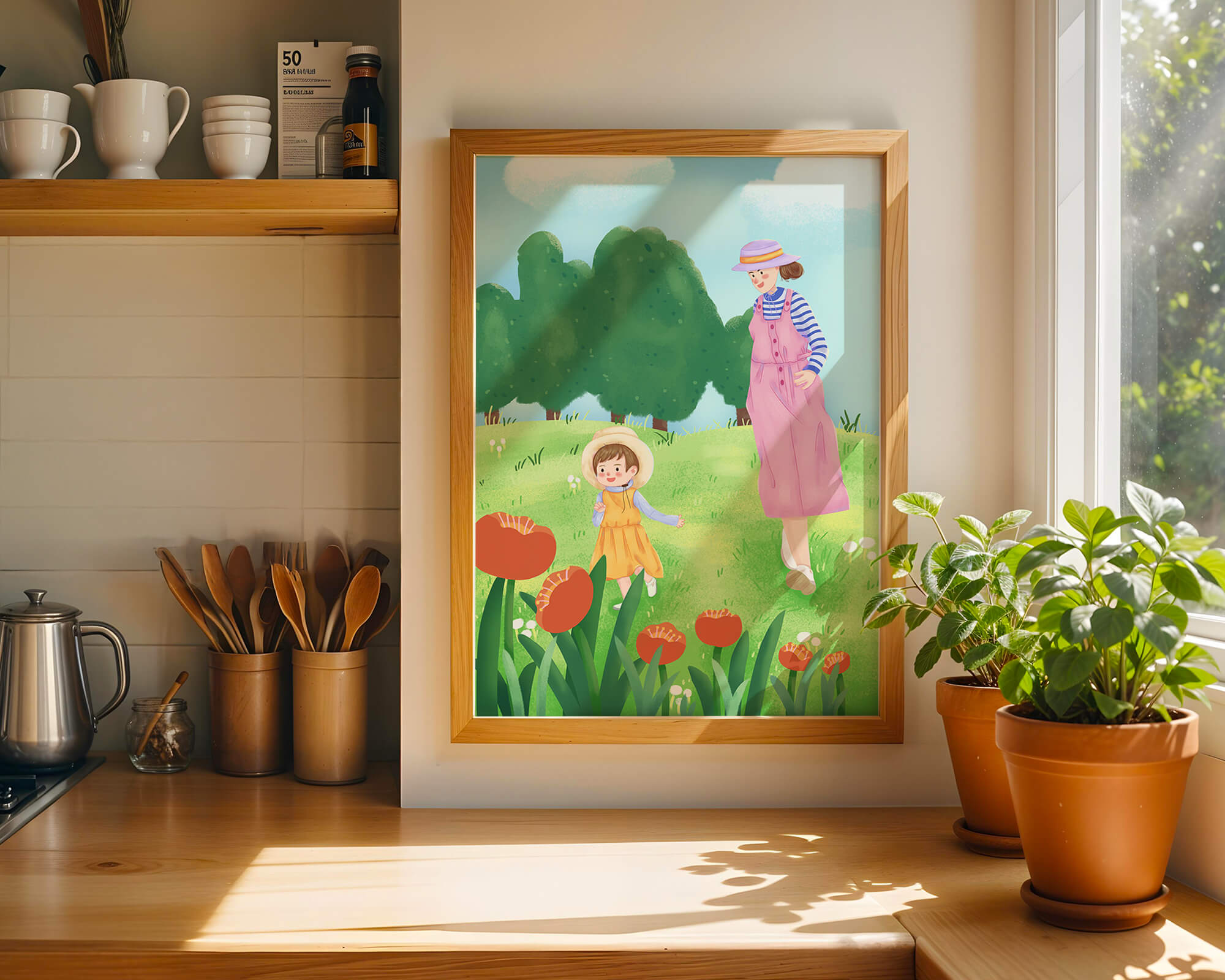Mother and child in a floral garden under clear skies