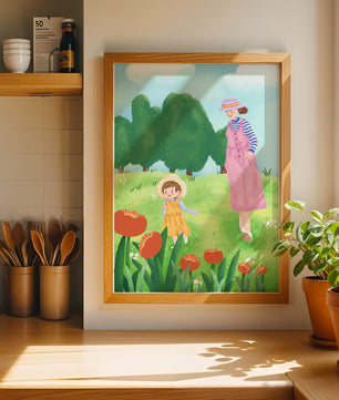 Mother and child in a floral garden under clear skies