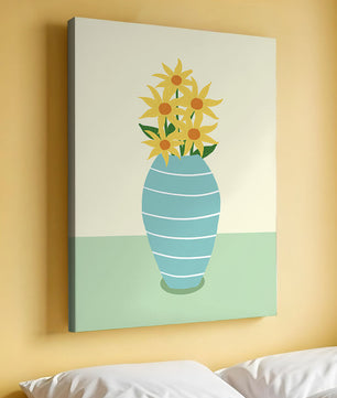 Yellow Sunflowers in a Blue Striped Vase on a Minimalist Background - Mi tienda