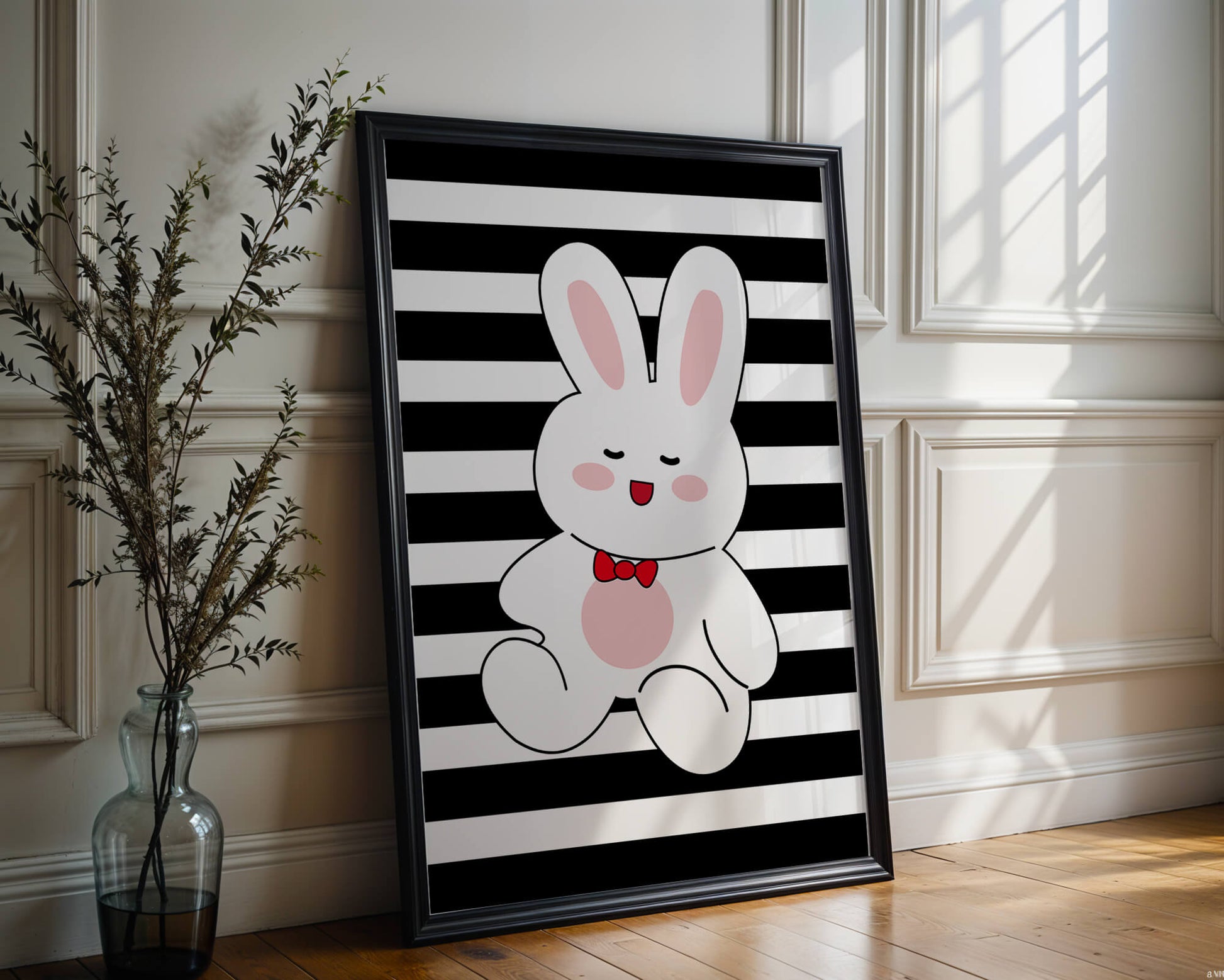 Adorable cartoon bunny with bold stripes and a red bow tie