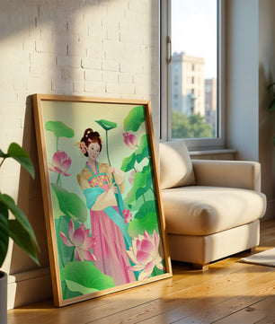 Traditional Asian woman in a garden surrounded by lotus flowers and green leaves