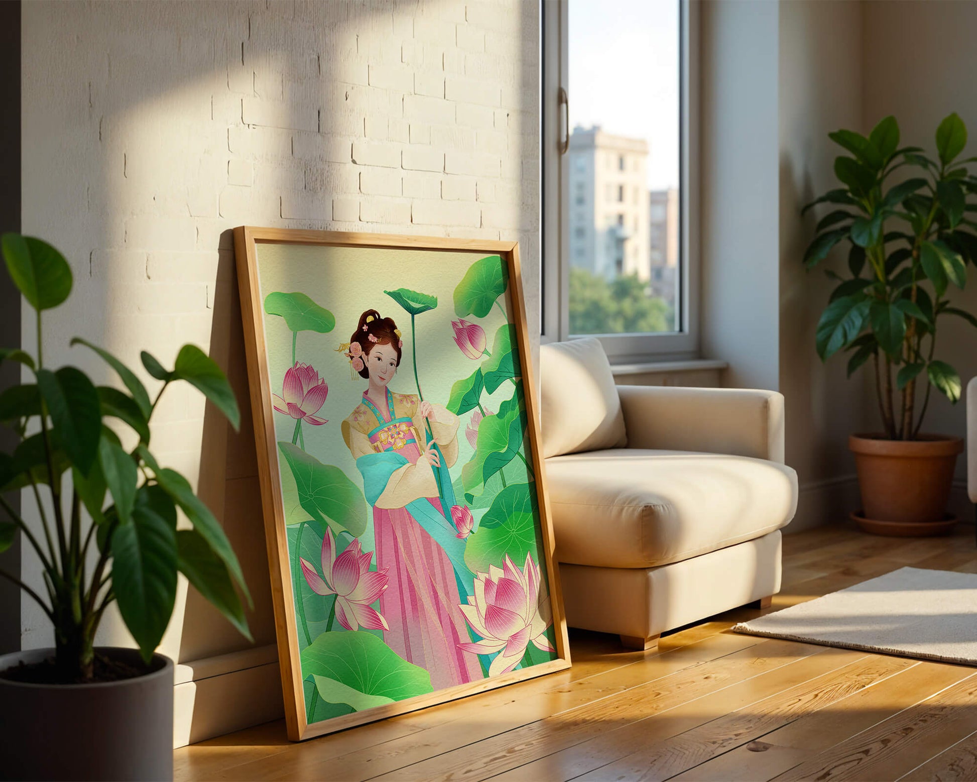Traditional Asian woman in a garden surrounded by lotus flowers and green leaves