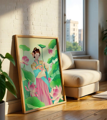 Traditional Asian woman in a garden surrounded by lotus flowers and green leaves