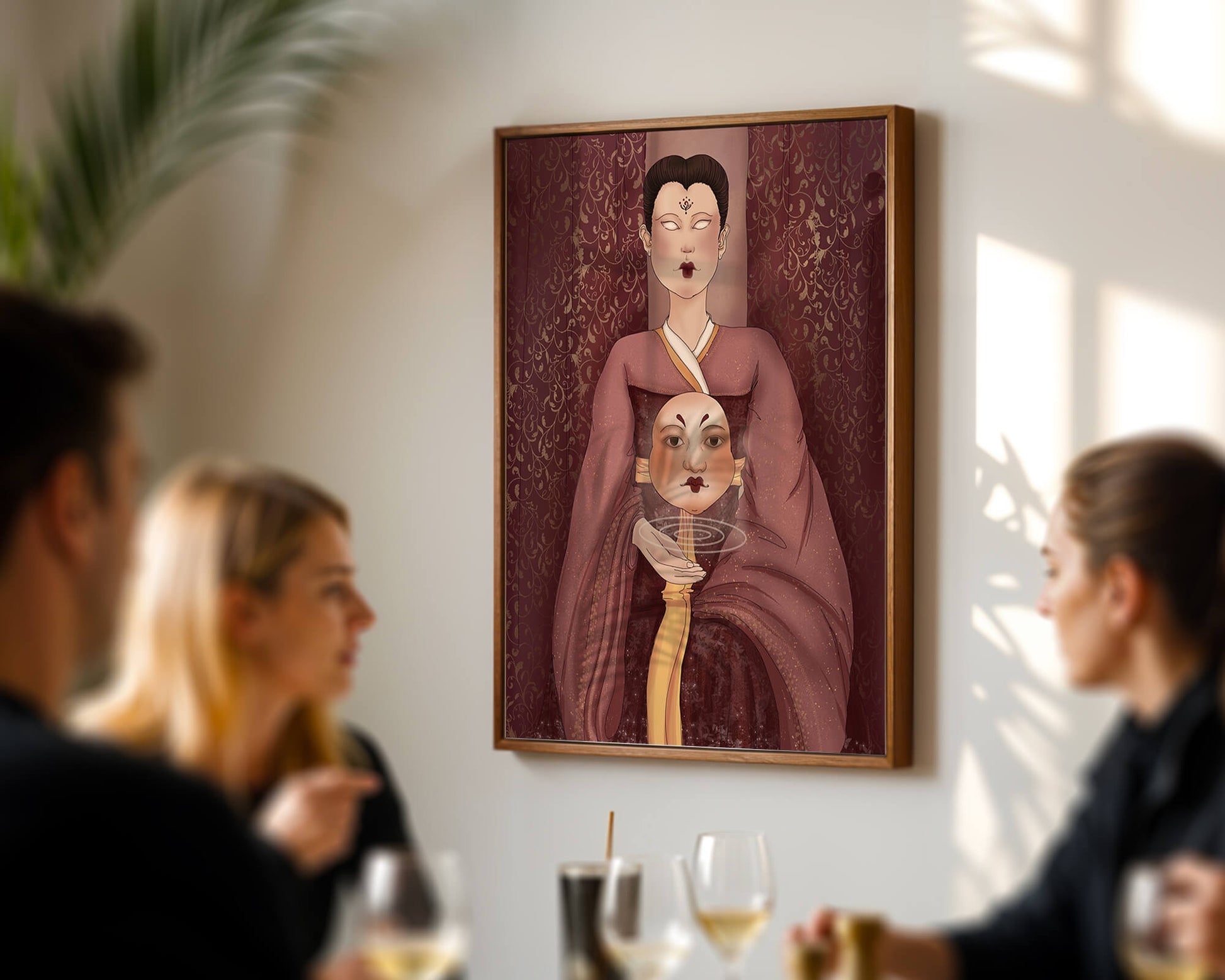 Ilustración de una figura mística con máscara y fondo ornamentado