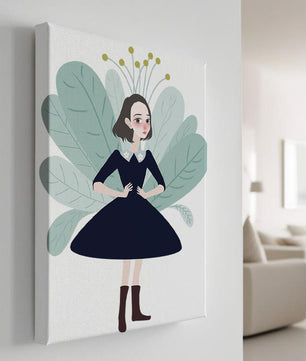 Ilustración de una chica caprichosa con hojas y elementos florales