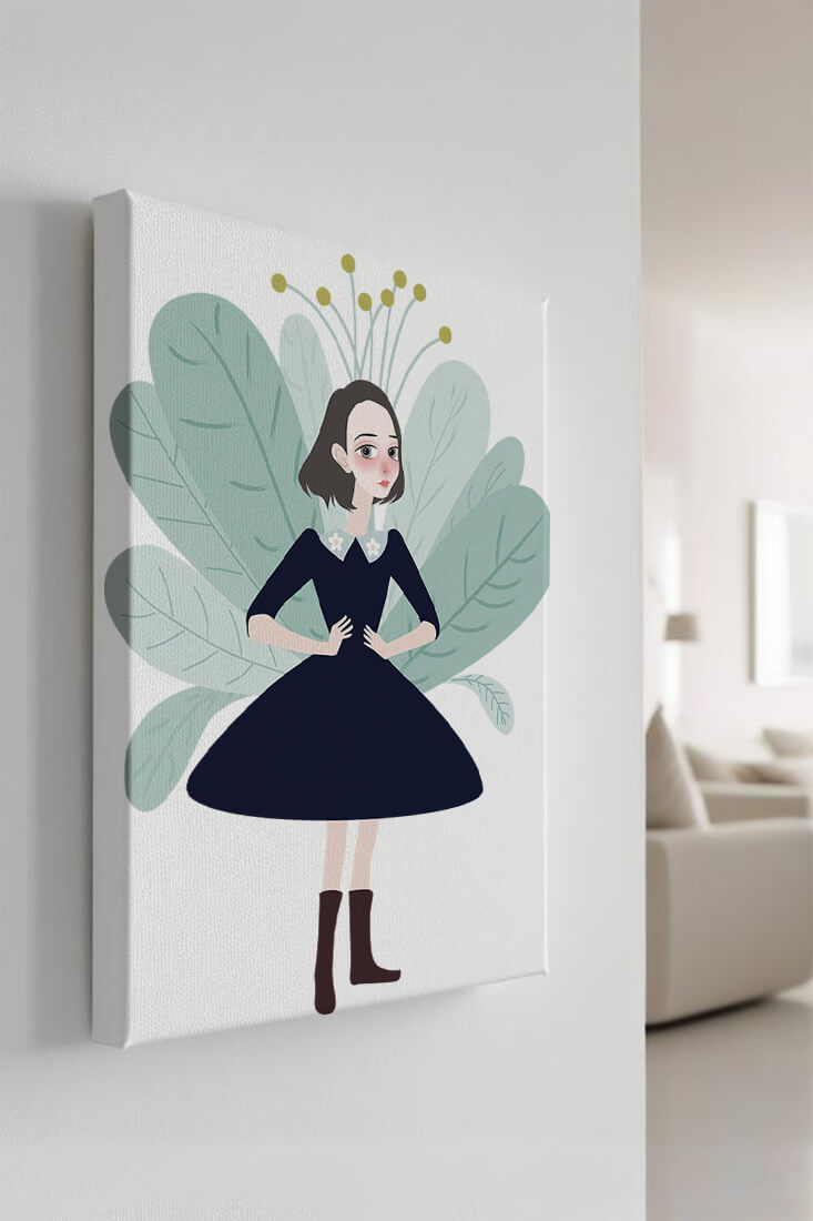 Illustration of a whimsical girl with leaves and floral elements