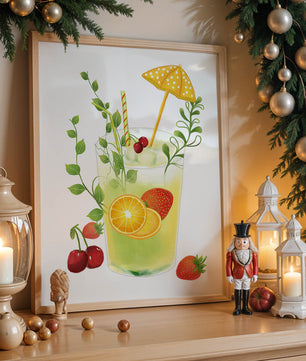 Refreshing summer drink illustration with fruits and greenery