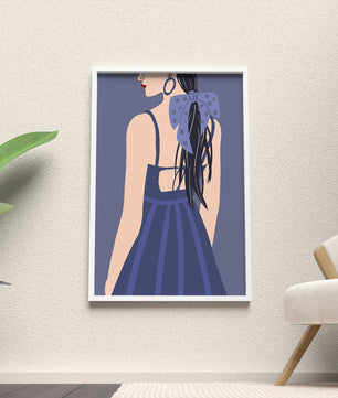 Stilvolle Illustration einer Frau mit gepunkteter Schleife und blauem Kleid