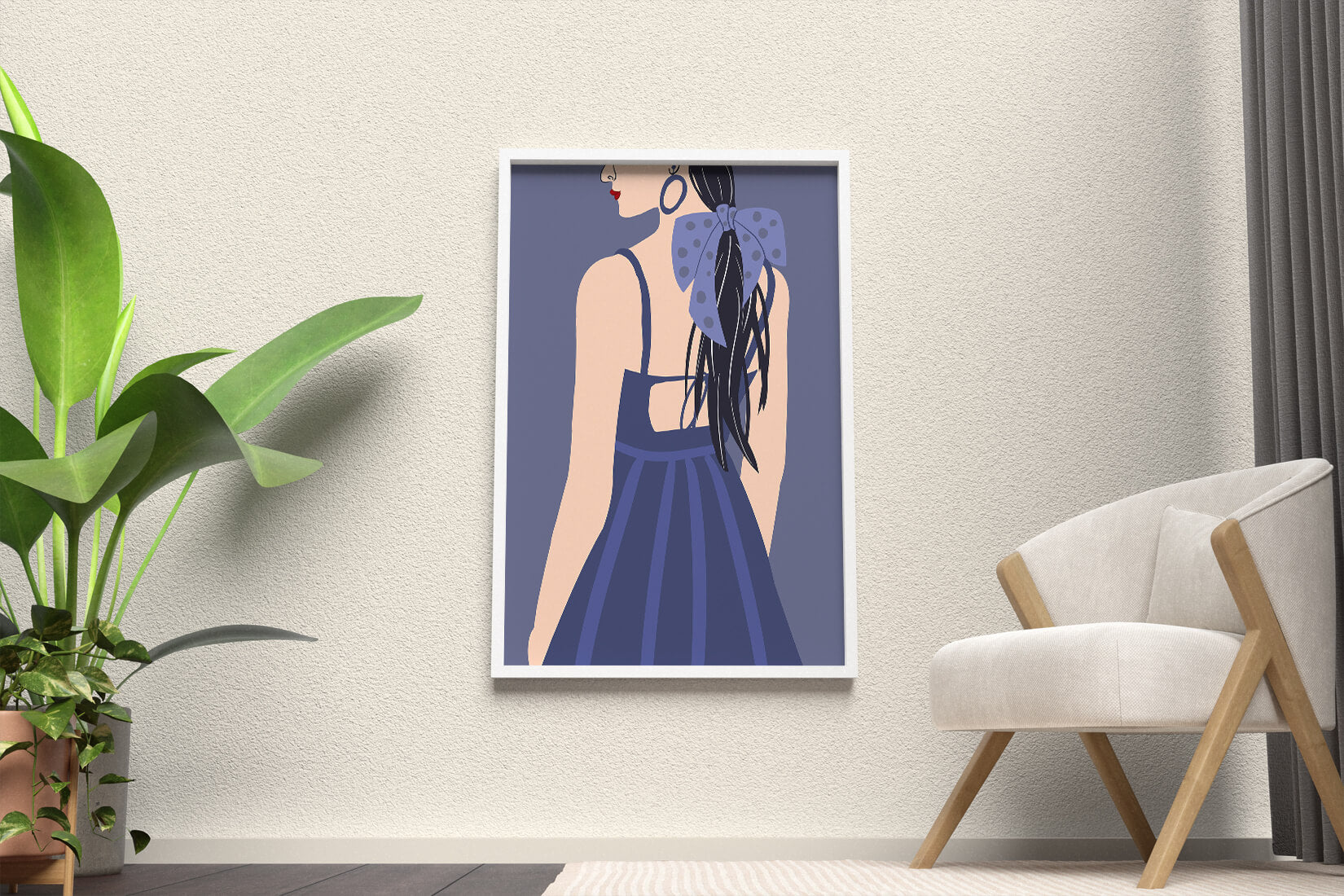 Stilvolle Illustration einer Frau mit gepunkteter Schleife und blauem Kleid