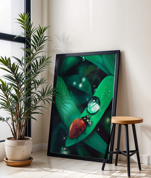 Ladybug on a Leaf with Dew Drops in a Vibrant Nature Scene - Mi tienda
